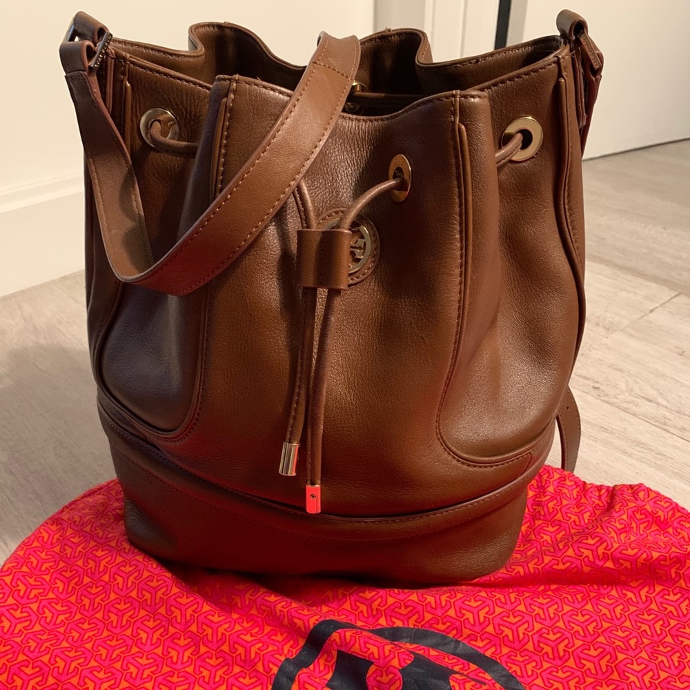 Tory Burch Brown Leather Drawstring Bucket Bag